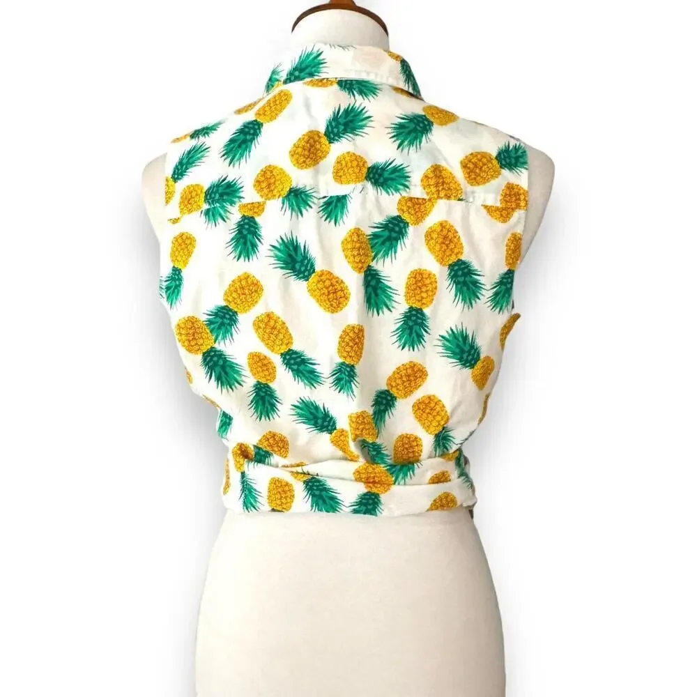 J. Crew White Pineapple Print Sleeveless Button Up Cropped Blouse Top Size M